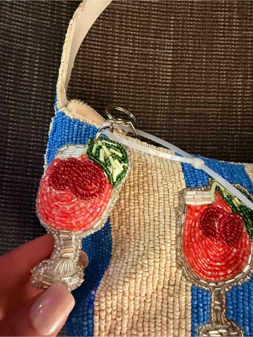 India Boutique Beaded Stripe Shoulder Bag in Blue & Cream with Cocktail Motifs